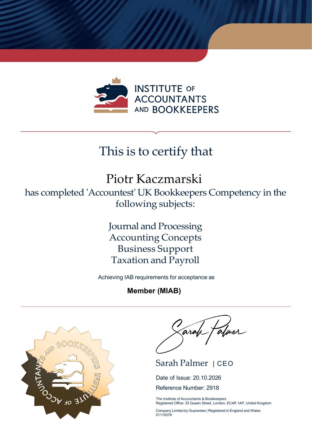Certyfikat IAB Accountest (UK Bookkeepers Competency) — Piotr Kaczmarski, ref. 2918, 20.10.2026