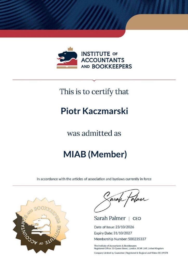 Piotr Kaczmarski MIAB — członkostwo w Institute of Accountants & Bookkeepers