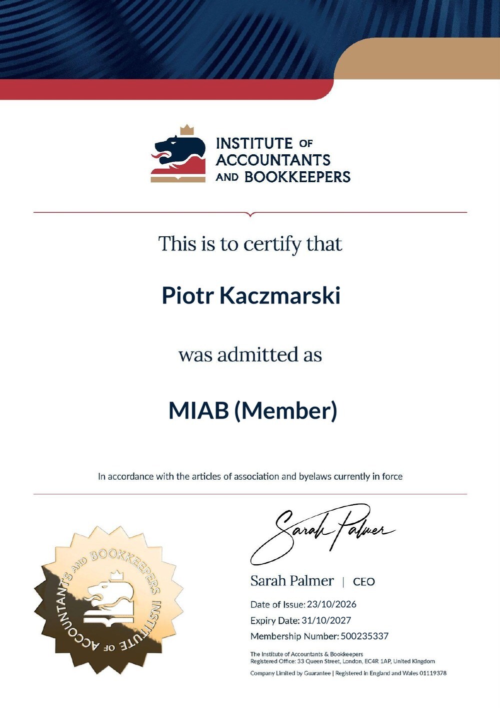 Certyfikat członkostwa MIAB (Member) w The Institute of Accountants & Bookkeepers — Piotr Kaczmarski, nr 500235337, wydany 23.10.2026, ważny do 31.10.2027